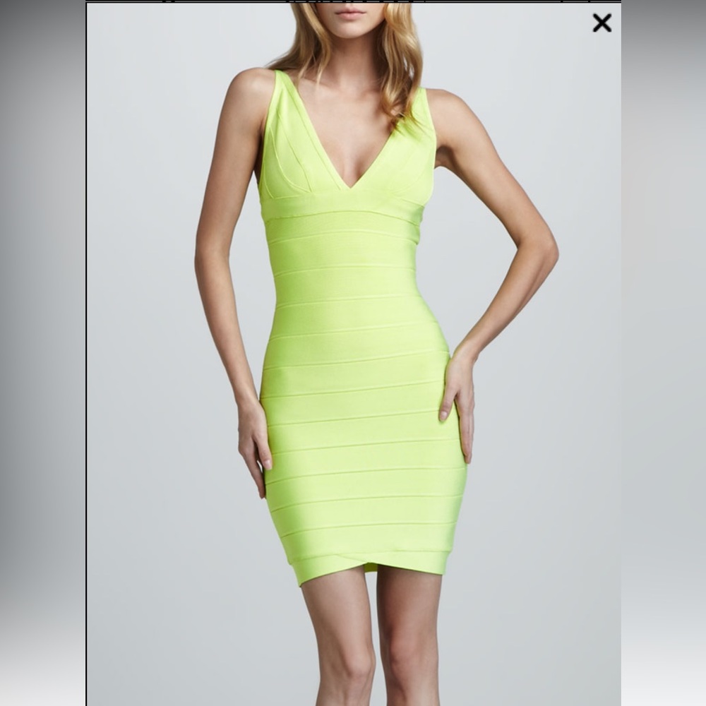 A24 Herve Leger‎ V-Neck Bandage Dress, Neon Yellow